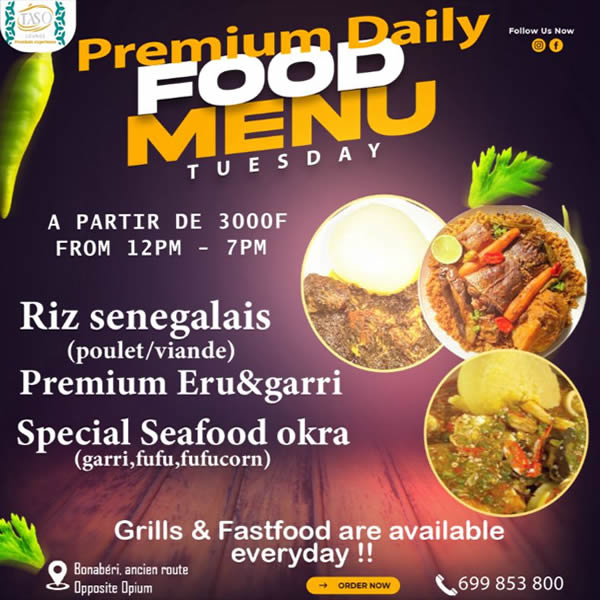 Menu du Mardi: Special Sea Food Okra, Senegalese rice, Premium ero Fufu Gari.